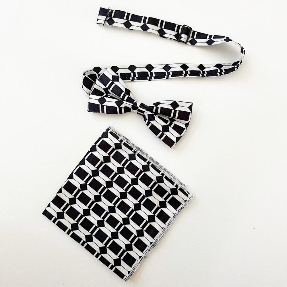 Geometric Black and White Bow Tie Set bow tie + pocket square